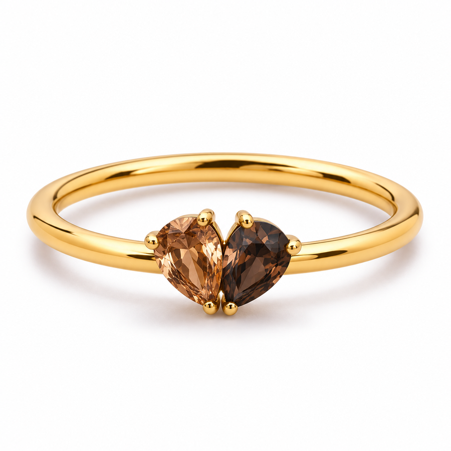 Digitale Produktvisualisierung des Augenfarben-Rings in Goldfarbe mit zwei braunen Tropfensteinen